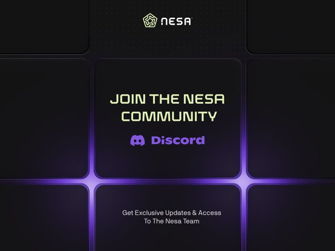 The image is a promotional graphic featuring the Nesa logo with the text "JOIN THE NESA COMMUNITY" and a Discord icon, set against a dark background with purple accents, along with the tagline "Get Exclusive Updates & Access To The Nesa Team." It visually supports the post's call to action by inviting viewers to join Nesa's Discord server (discord.gg/vYVYQYjB2) for ecosystem updates, builder conversations, and node discussions.
