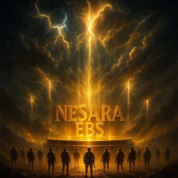 The image displays a dramatic, apocalyptic scene featuring soldiers silhouetted against a glowing golden sky with lightning bolts, standing before a radiant circular platform bearing the text "NESARA EBS." This visually reinforces the post's claims of an imminent Emergency Broadcast System activation and military deployment related to NESARA payouts and the Quantum Financial System, lending the conspiracy a sense of grand, divine urgency.