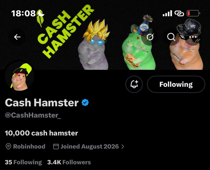 A screenshot of a Twitter/X profile page for 'Cash Hamster' (@CashHamster_), a verified account with 3.4K followers based in Robinhood that joined August 2026, featuring bizarre AI-generated hamster images with various accessories (sunglasses, chains, hats) as the profile and banner photos.