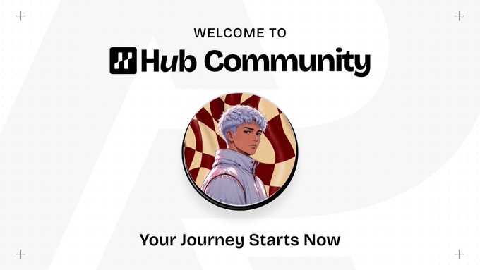 A welcome graphic for "HUB Community" displays a stylized profile portrait of a white-haired character against a checkered red and beige background, accompanied by the tagline "Your Journey Starts Now." The image ties to the post by visually presenting the onboarding experience the author references, reinforcing the early-support sentiment for the HUB project's community-focused approach.
