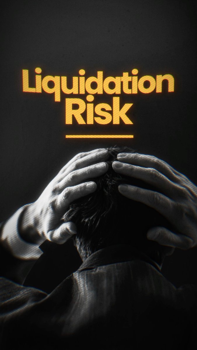 A black-and-white photo of a stressed person holding their head is overlaid with glowing yellow text reading 'Liquidation Risk'.