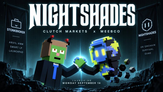 A promotional image for "NIGHTSHADES" - an on-chain survival game by Clutch Markets x MeeBCo, launching Monday September 14.