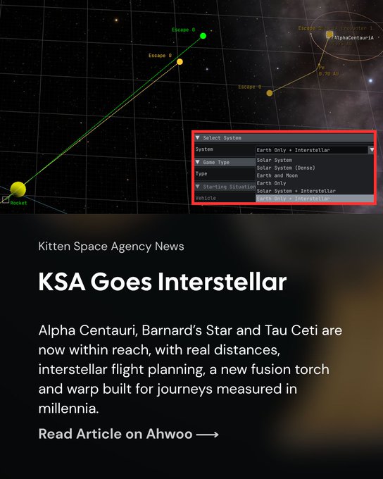 A Kitten Space Agency News announcement titled "KSA Goes Interstellar," featuring a space trajectory map with a system selection menu highlighted in red, noting Alpha Centauri, Barnard's Star, and Tau Ceti are now within reach.