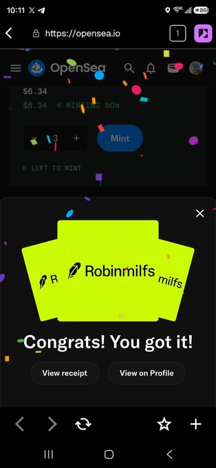 A screenshot of an OpenSea NFT mint confirming purchase of 'Robinmilfs milfs' with a 'Congrats! You got it!' message, priced at $6.34.