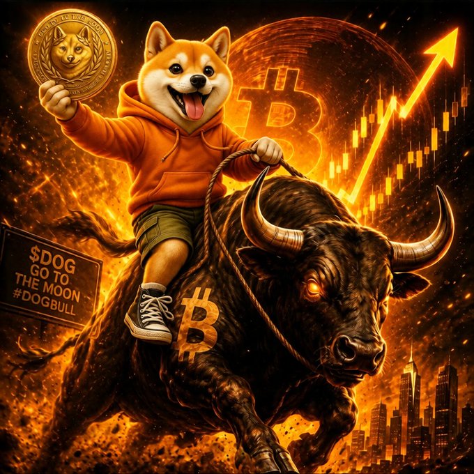 A dramatic crypto-themed illustration of a Shiba Inu dog wearing an orange hoodie riding a fiery bull, holding a 'DOGE' coin, with a Bitcoin symbol and a '$DOG GO TO THE MOON #DOGBULL' sign against a backdrop of rising price charts.