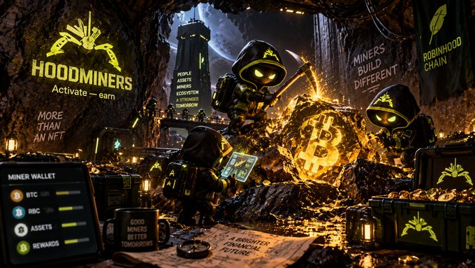 A promotional graphic for "HOODMINERS" featuring hooded miner characters around a glowing Bitcoin, with text including "Activate - earn", "MORE THAN AN NFT", "MINER'S BUILD DIFFERENT", and "ROBINHOOD CHAIN", along with a wallet interface showing BTC, RBC, ASSETS, and REWARDS.