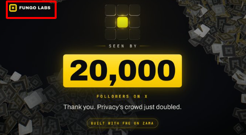 The image celebrates Fungo Labs reaching 20,000 followers on X with a graphic displaying "SEEN BY 20,000 FOLLOWERS ON X" alongside the text "Thank you. Privacy's crowd just doubled." and "BUILT WITH FHE ON ZAMA," which aligns with the post announcing their Genesis NFT collection of 3,232 NFTs built with FHE from Zama, emphasizing the privacy and encrypted "essence" features of their project.