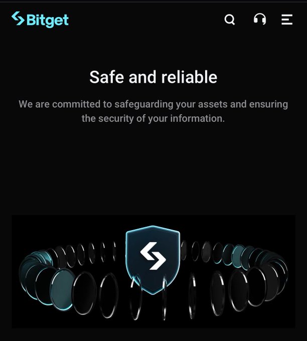 A Bitget webpage header promoting the platform as 'Safe and reliable' with text about safeguarding assets and information security.