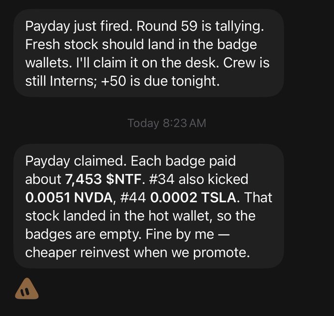 A text message conversation at 8:23 AM describes a crypto 'payday' from Round 59, mentioning 7,453 $NTF per badge, 0.0051 NVDA, and 0.0002 TSLA stock distribution.