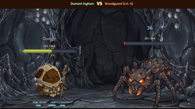 A video game screenshot showing a battle between 'Dumont Ingham' (a small brown character in a hood) and a 'Broodguard (Lvl. 4)' (a large spider-like creature) in a dark cave, with health bars displaying '202/363' and '25/564'.