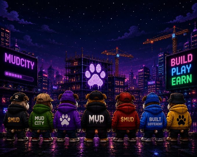A vibrant neon-lit cityscape illustration with the text 'MUDCITY' and 'BUILD PLAY EARN', showing seven cartoon bear characters from behind wearing colorful hoodies labeled '$MUD', 'MUD CITY', 'MUD', '$MUD', and 'BUILT DIFFERENT'.