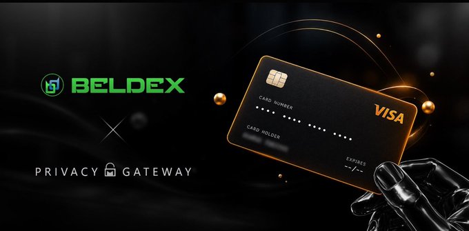 A promotional graphic featuring the 'BELDEX' logo and 'PRIVACY GATEWAY' text alongside a black VISA credit card held by a robotic hand against a dark background.