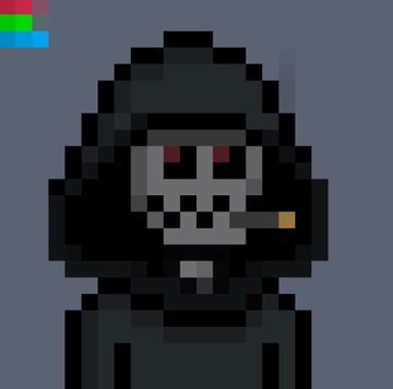 A pixel art image of a hooded skeletal figure with glowing red eyes, wearing a dark cloak and smoking a yellow-tipped cigarette or cigar.