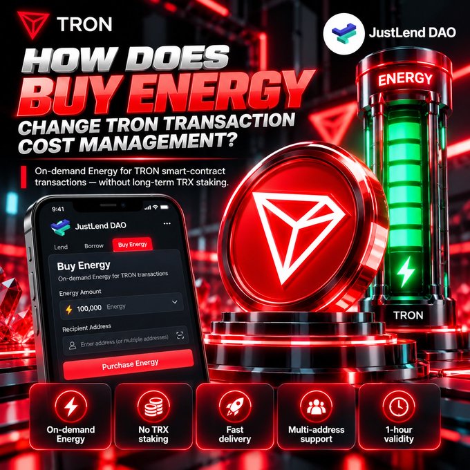 A promotional graphic for JustLend DAO and TRON asks 'HOW DOES BUY ENERGY CHANGE TRON TRANSACTION COST MANAGEMENT?' showing a smartphone app interface with options like 'On-demand Energy', 'No TRX staking', and '1-hour validity'.