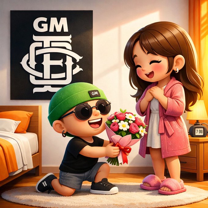 A Pixar-style 3D rendered image of a chibi cartoon boy in a green beanie and sunglasses presenting flowers to a smiling girl, with 'GM' branding on a poster behind them.