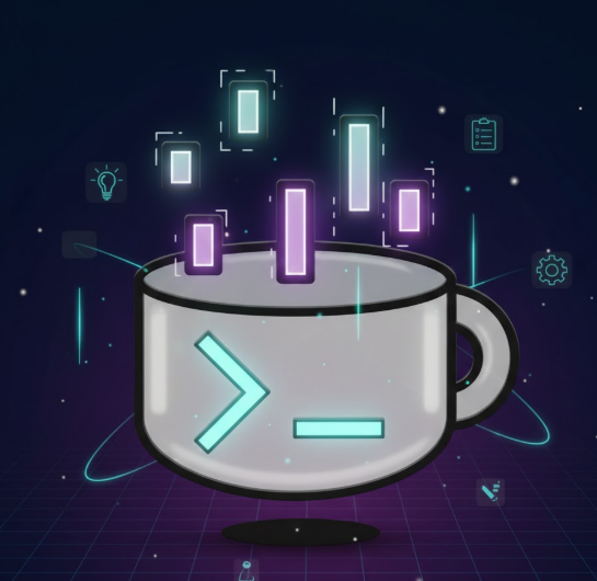A stylized, neon-lit digital illustration depicts a white coffee mug displaying a command prompt symbol, with floating rectangular bars, icons, and light trails on a dark grid background.