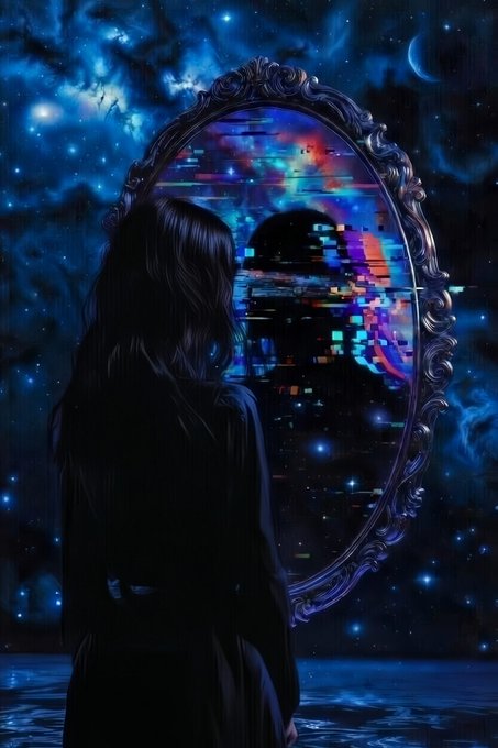 A dark, moody digital artwork depicting a silhouetted figure with long hair gazing into an ornate oval mirror that reflects a glitching, cosmic scene of stars and colors.