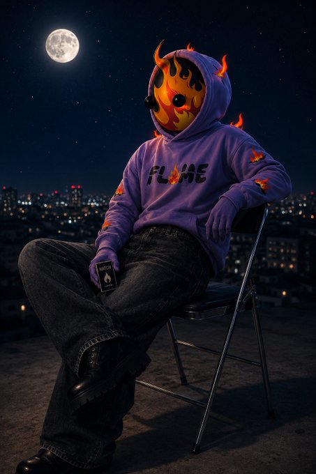 A character in a flaming purple 'FLAME' hoodie and a fire-patterned mask sits on a chair on a rooftop at night, holding a phone, with a full moon in the background.