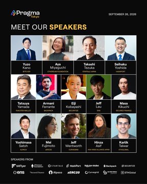 The image is a "Meet Our Speakers" promotional graphic for Pragma Tokyo on September 26, 2026, featuring headshots and names of 12 speakers including Hinza Asif (AWAJ representative), with logos of sponsors like EthGlobal, Optimism, Arbitrum, and others displayed at the bottom.