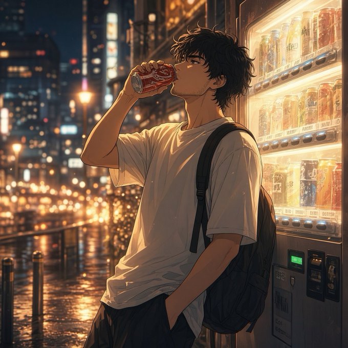 An anime-style illustration of a young man with dark hair drinking from a red Coca-Cola can next to a brightly lit vending machine on a wet city street at night, with city lights reflecting off the ground.