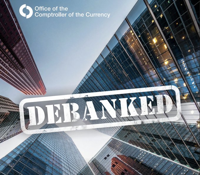 An Office of the Comptroller of the Currency (OCC) banner overlaid on skyscrapers with the bold stamp 'DEBANKED', referencing regulatory debanking actions.