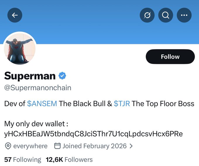 A Twitter profile for "Superman" (@Supermanonchain), a verified developer of $ANSEM and $TJR tokens, with 12.6K followers. The post highlights that this developer reportedly made over 5k SOL in less than 15 hours, as evidenced by his growing follower count and verified status showcasing his crypto token development success.