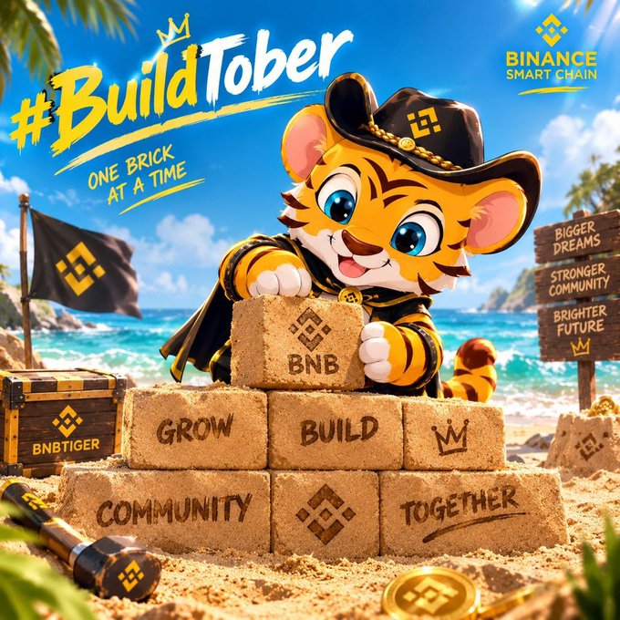 A promotional graphic for Binance Smart Chain's #BuildTober campaign features an animated tiger cub in a cowboy hat stacking sand blocks labeled 'BNB,' 'GROW,' 'BUILD,' 'COMMUNITY,' and 'TOGETHER' on a beach, with a sign reading 'BIGGER DREAMS, STRONGER COMMUNITY, BRIGHTER FUTURE.'