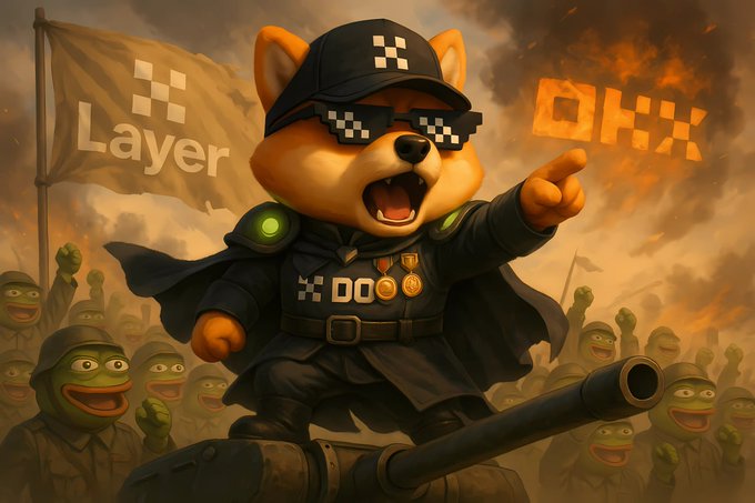 The image features a cartoon character, possibly a dog or a fox, wearing sunglasses and a hat with a checkered pattern. This character appears to be giving directions or pointing towards something, likely related to the phrase "March to the moon". The character is surrounded by other characters in various poses, suggesting that they are part of an animated scene set against a backdrop resembling a war zone.

The image also includes text elements such as "layer", "OH!", and "March to the moon" written above or below the main character. These texts seem to be related to the cartoon's theme or narrative, possibly indicating a connection between the character's actions and an event or mission in space exploration.