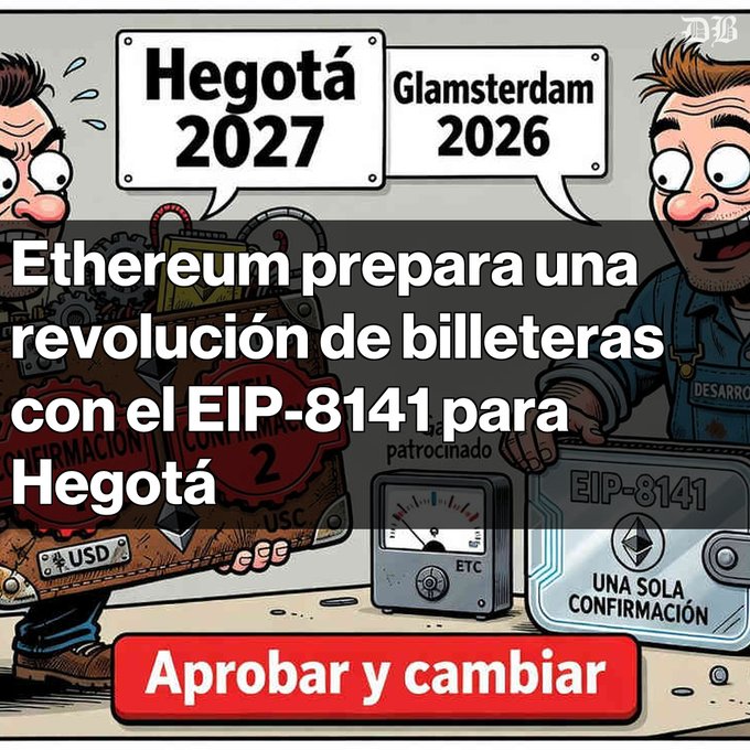 Cartoon illustration with Spanish text stating 'Ethereum prepara una revolución de billeteras con el EIP-8141 para Hegotá' featuring characters labeled 'Hegotá 2027' and 'Glamsterdam 2026', with a red 'Aprobar y cambiar' button.
