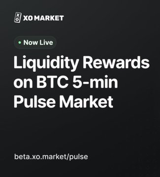 A promotional graphic with a black background featuring the 'XO MARKET' logo and a 'Now Live' badge, announcing 'Liquidity Rewards on BTC 5-min Pulse Market' with the URL 'beta.xo.market/pulse'.