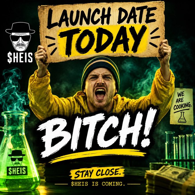 A promotional graphic featuring a man holding a sign reading 'LAUNCH DATE TODAY,' with bold text declaring 'BITCH!' and '$HEIS IS COMING,' along with the $HEIS logo and a 'WE ARE COOKING' lab-themed background.