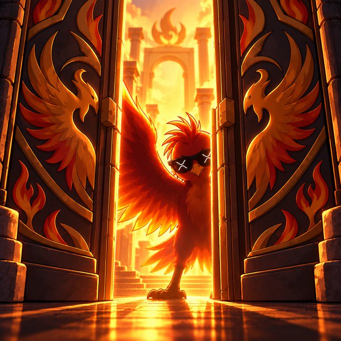 A fiery red bird character with sunglasses standing between two ornate golden doors in a brightly lit, warm-toned fantasy setting.