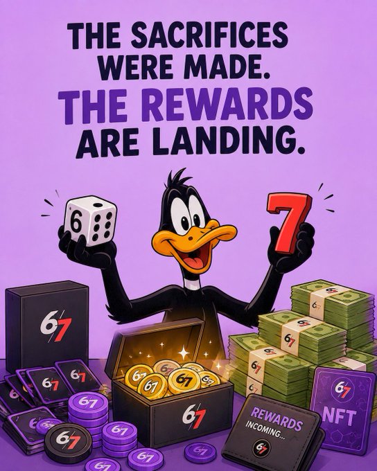 A promotional image featuring a Daffy Duck-style cartoon character holding a die and the number 7, surrounded by treasure, gold coins, and cash with '6/7' branding, captioned 'THE SACRIFICES WERE MADE. THE REWARDS ARE LANDING.'