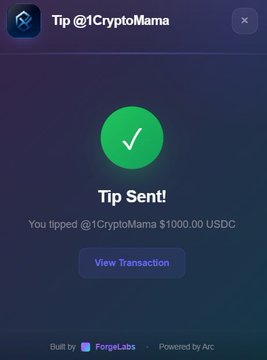 The image shows a "Tip Sent!" confirmation screen indicating that $1,000.00 USDC was successfully tipped to @1CryptoMama via Xylonet PayX, with the transaction built by ForgeLabs and powered by Arc. This visually confirms the post's claim that the tip was sent and provides a "View Transaction" button for verification.