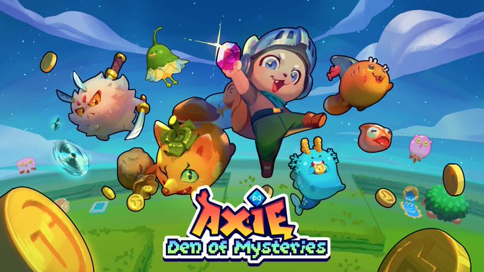 A vibrant promotional graphic for 'Axie Den of Mysteries' features a character in a blue helmet holding a purple gem, surrounded by various cute fantasy creatures and floating gold coins.