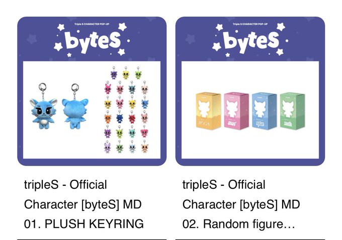 The image displays two tripleS official merchandise products from their "byteS" character pop-up collection: a blue Stitch-inspired plush keyring (MD 01) on the left and a set of four colorful blind boxes containing random figures (MD 02) on the right, directly illustrating the post's mention of a keyring and random figure collection.