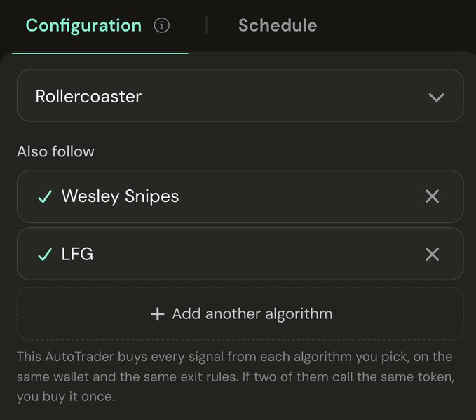 The image shows an AutoTrader configuration interface with "Rollercoaster" as the selected algorithm and additional algorithms "Wesley Snipes" and "LFG" selected to follow. It directly illustrates the new feature mentioned in the post, allowing users to bundle multiple algorithms into a single AutoTrader for streamlined signal aggregation and reduced setup friction.