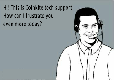 A meme image of a customer service rep with text reading 'Hi! This is Coinkite tech support. How can I frustrate you even more today?'