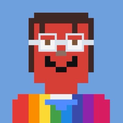 A pixel art illustration of a smiling person with red skin, glasses, and a colorful rainbow-striped shirt against a blue background.