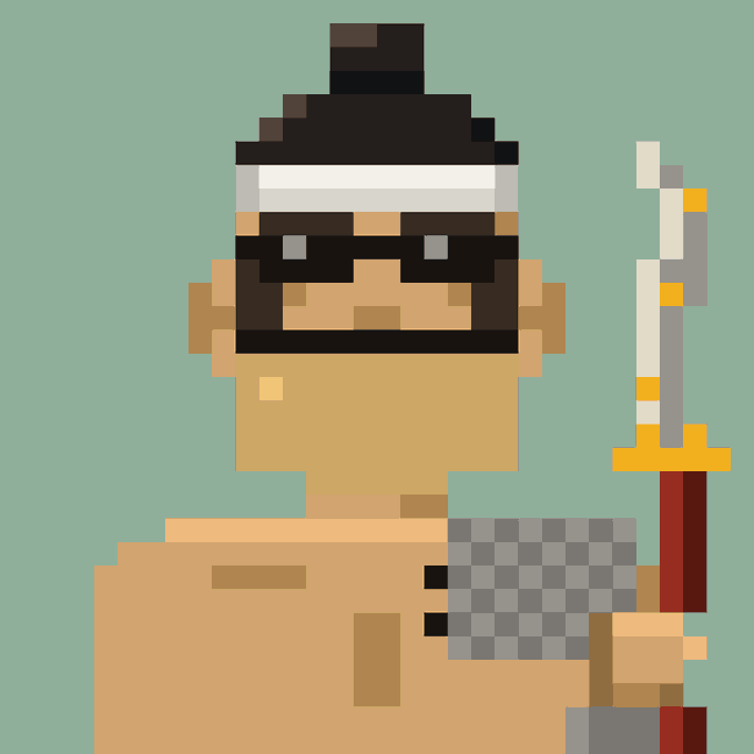 An 8-bit style pixel art illustration depicts a shirtless muscular man wearing a headband and sunglasses, holding a sword.