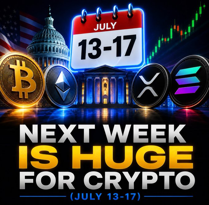 A bold promotional graphic announces "NEXT WEEK IS HUGE FOR CRYPTO (JULY 13–17)," featuring a calendar, the U.S. Capitol, an American flag, a bullish candlestick chart, and icons of Bitcoin, Ethereum, XRP, and Solana—visually reinforcing the post's mention of the upcoming CLARITY Act Senate vote, Ripple Prime DTCC launch, and House Financial Services Committee hearing, with XRP highlighted as the focal token.