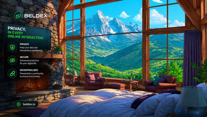 A promotional graphic for 'BELDEX' (beldex.io) features a cozy cabin interior with mountain views and text highlighting 'PRIVACY, IN EVERY ONLINE INTERACTION' with sections on Private, Secure, and Decentralized.