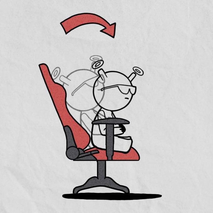 The image shows a simple cartoon figure with sunglasses sitting in a red gaming/office chair with a red arrow indicating the chair can tilt back, illustrating self-funded, independent effort. The caption aligns with the post's message about the team's grassroots approach—no minting, no inherited treasury—building the Quirkies brand from the ground up through their own resources and royalties, reinforcing the "started at zero" hustle the chair reclining symbolizes.