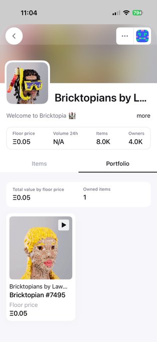 A mobile app screenshot showing a 'Bricktopians by L...' NFT collection portfolio with 1 owned item and a floor price of Ξ0.05.