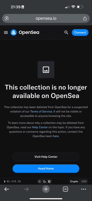 A mobile OpenSea webpage displaying a 'This collection is no longer available on OpenSea' message, indicating the collection has been deleted for a suspected Terms of Service violation.