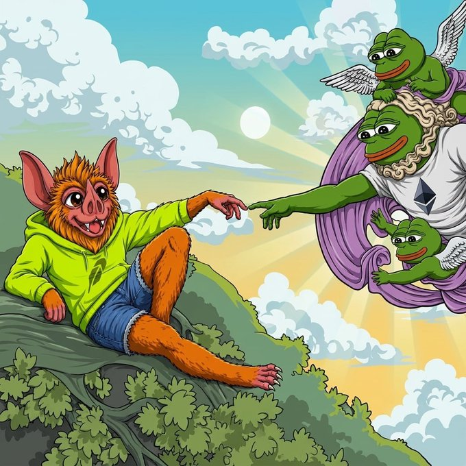 This vibrant illustration reimagines Michelangelo's iconic "Creation of Adam" with a furry bat-like character in a green hoodie reaching toward a Pepe-style figure in flowing robes, surrounded by winged frog angels. The image cleverly blends meme coin iconography with classical art, visually echoing the post's celebration of Matt Furie-inspired tokens across Ethereum, Base, and now Robinhood.