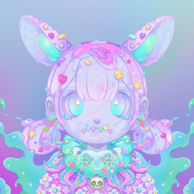 A colorful pastel-toned digital illustration of a cute anime-style character decorated with stars, hearts, and smiley face stickers, with blue flame-like elements at the bottom.