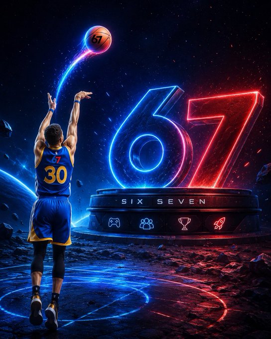 A basketball player wearing jersey #30 shoots a ball toward glowing neon "67" letters on a pedestal labeled "SIX SEVEN," with social/gaming icons below, visually echoing the post's celebration of the @sixsevenapp platform's momentum in the Telegram Mini Apps ecosystem.