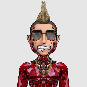 A 3D-rendered character with a mohawk, sunglasses, and an exposed red mechanical body with gold chains around the neck.