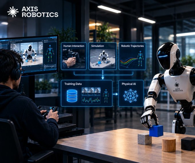 A person wearing headphones sits at a workstation with "AXIS ROBOTICS" branding on the monitor, monitoring a humanoid robot manipulating colored blocks on a table. An overlaid diagram illustrates the data pipeline connecting Human Interaction, Simulation, and Robotic Trajectories into Training Data that feeds into Physical AI, reinforcing the post's message that quality data—not just better hardware or AI models—is the key bottleneck in advancing robotics.